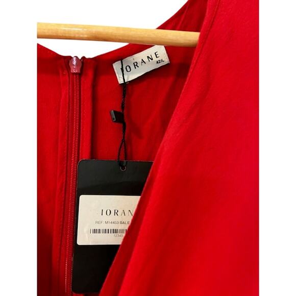 lORANE NWT Red Viscose Dress Brazil Romantic Feminine Midi Faux Wrap Party LARGE - Picture 13 of 15